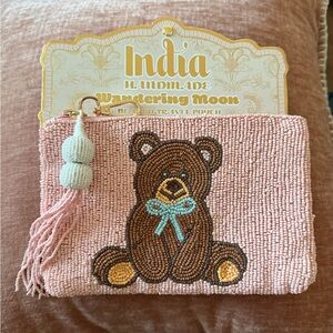 Wandering Moon Pink Beaded Teddy Bear Travel Pouch with blue Bow